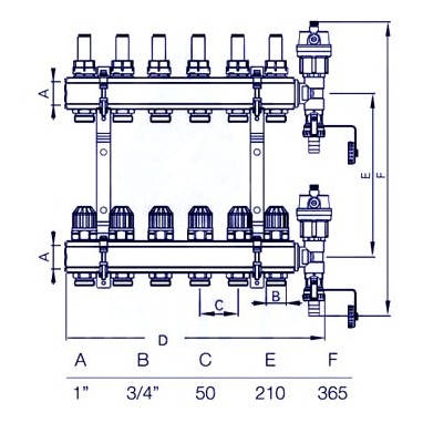 Heizkreisverteiler mit Durchflussmesser - 6 Kreise Schema