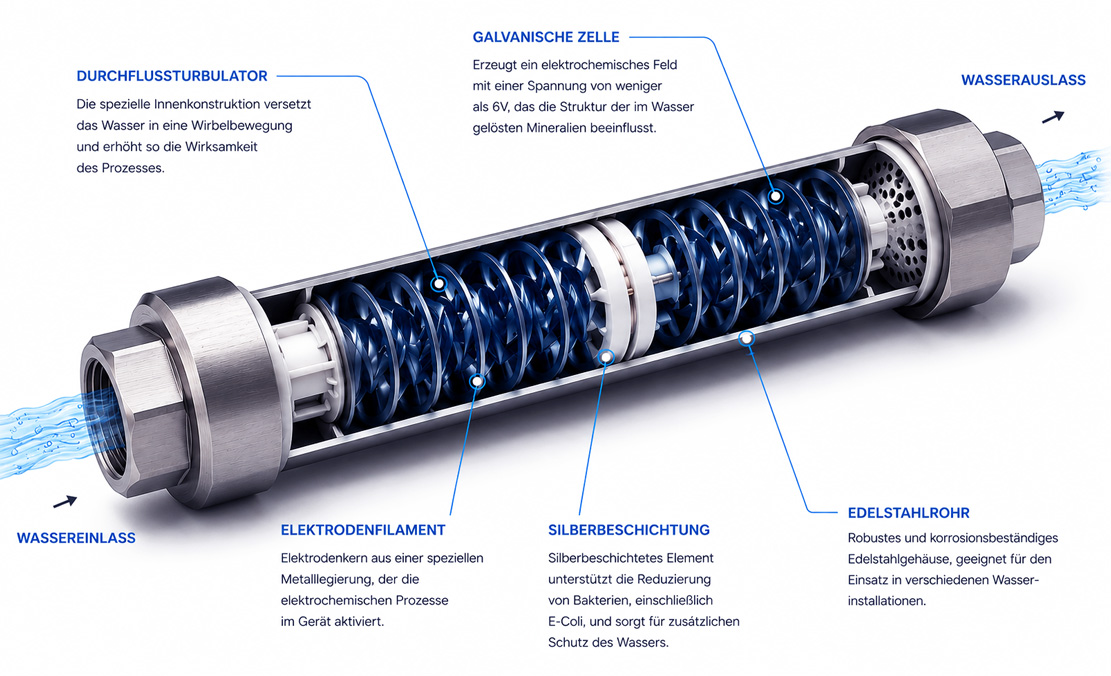 Querschnitt des BlueStream-Hartwasserfilters – Schutz vor Kalkablagerungen